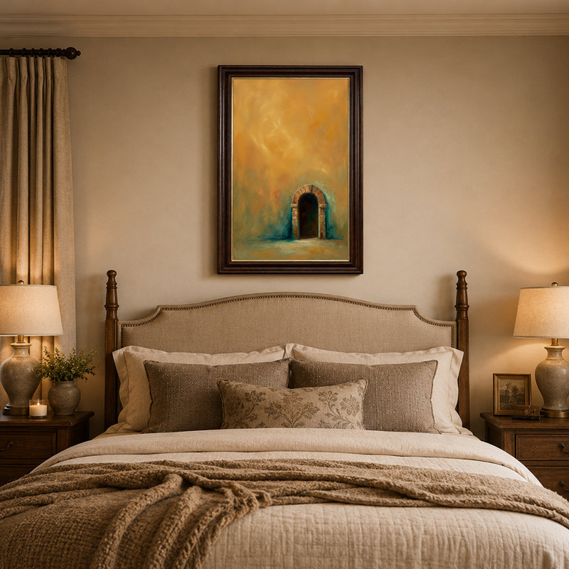 «Brick Archway» sur toile texturée jaune et bleu sarcelle, art mural, 24"H x 16"W