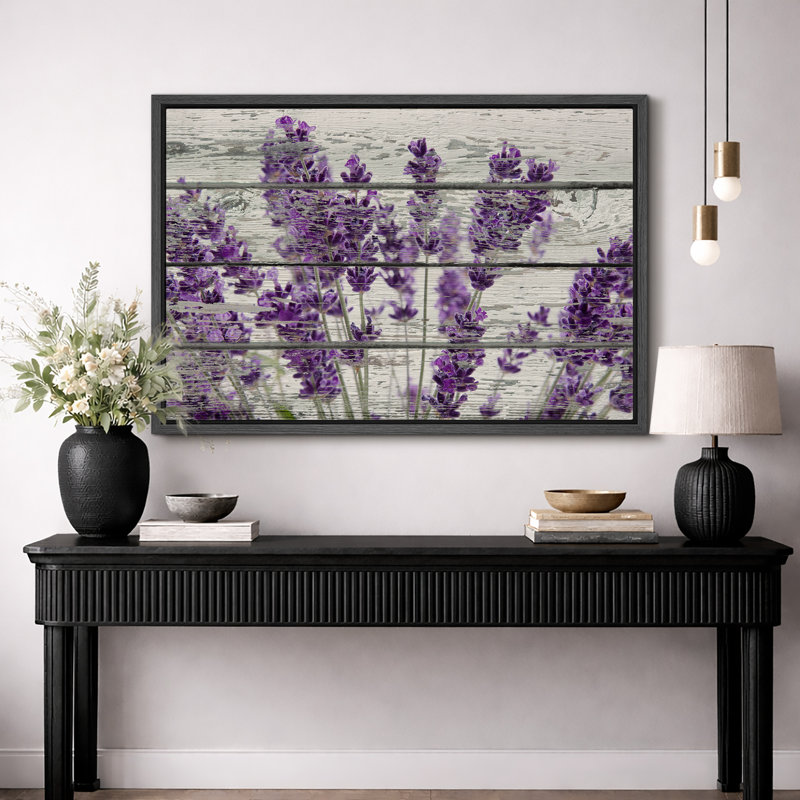 Œuvre d'art mauve lavande mauve sur fond effet bois, images murales rétro rustiques, impression sur toile encadrée, Noir