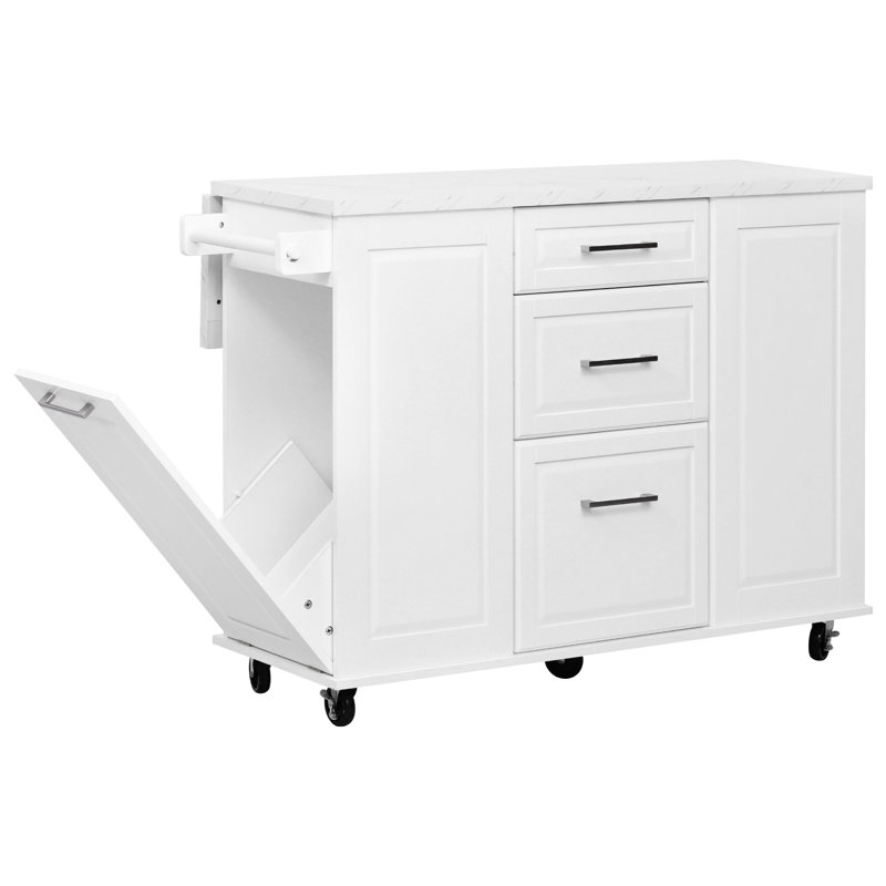 50.7" Kitchen Island with Storage Tilt Trash Can Cabinet and Pull Out Cabinet Organizer, Rolling Kitchen Island on 5 Wheels with Drop Leaf, 2 Drawers, 1Door for Kitchen, Dining Room, White
