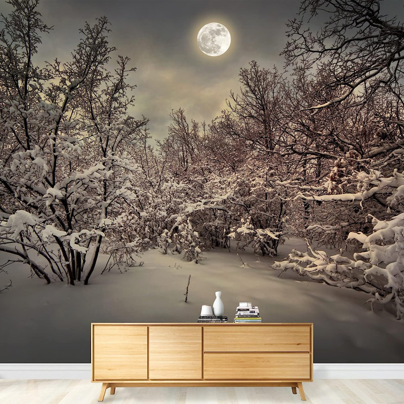 Murale en bois clair de lune en hiver, L 144 po x l 100 po