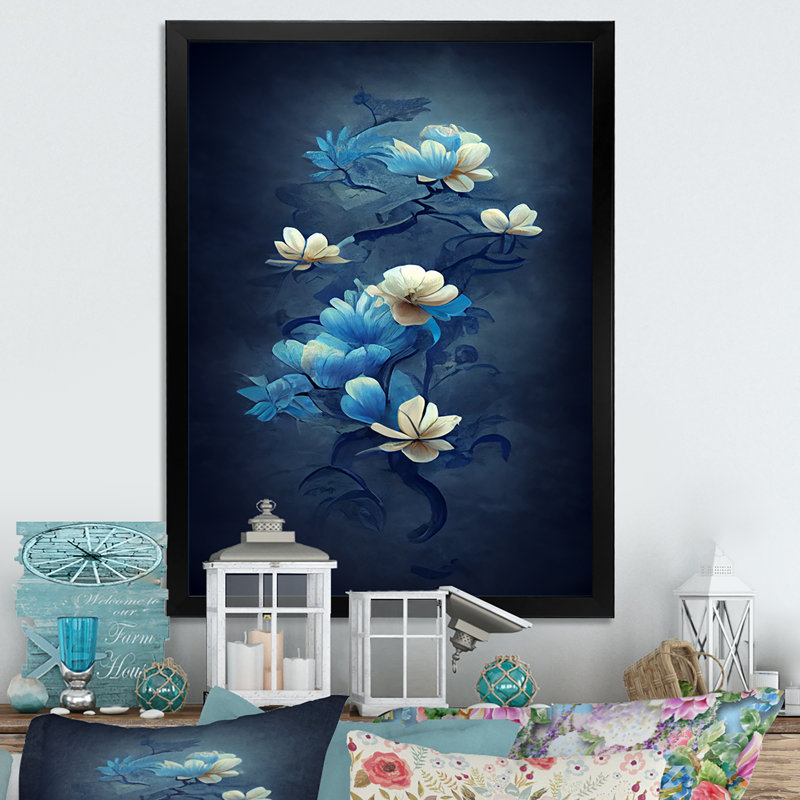Fleurs rétro bleu clair chinois IV - reproduction sur toile, Cadre photo noir, H 40 po x l 30 po x P 1,5 po