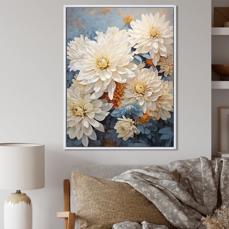 " Blue And White Mums Flowers Elegance V ", 32" H x 16" W x 1"D, White Floater Framed