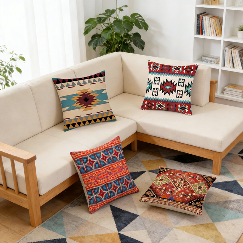 Housse de coussin pour canapé 4 pièces (seulement la housse, l'oreiller n'est pas inclus), Multicolore / géométrique 3