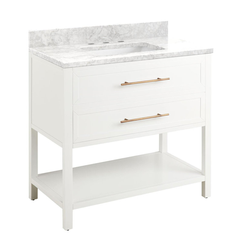 36" Robertson Single Bathroom Vanity Set with Rectangle Undermount Sink, Carrara Marble, 8" Widespread, White