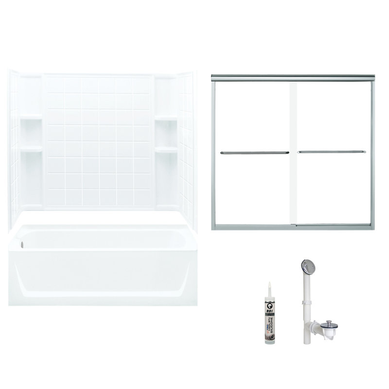 Ensemble de baignoire et douche rectangulaire sans cadre de 60 po x H 74 po avec porte-serviettes et base inclus, Argent