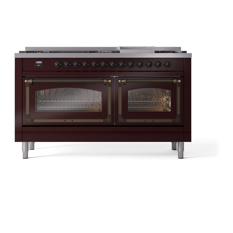 ILVE Nostalgie II Noblesse 60 in Dual Fuel Range, 9 Burner, Griddle, Natural Gas, Burgundy/Burnished
