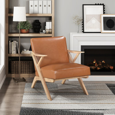 Chaise d'appoint avec structure en bois d'hévéa naturel avec revêtement en similicuir brun pour le confort et le style du salon