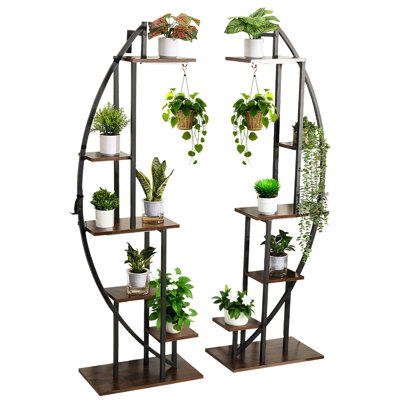 6 Indoor Plant Stand With 3 Spectrum Grow Lights, 2 Pack Metal Corner Plants Holder, Timer & 10 Brightness, Half-moon Shaped Display Rack For Living Room, Brown+black Iron Material, 42.51 In Depth,