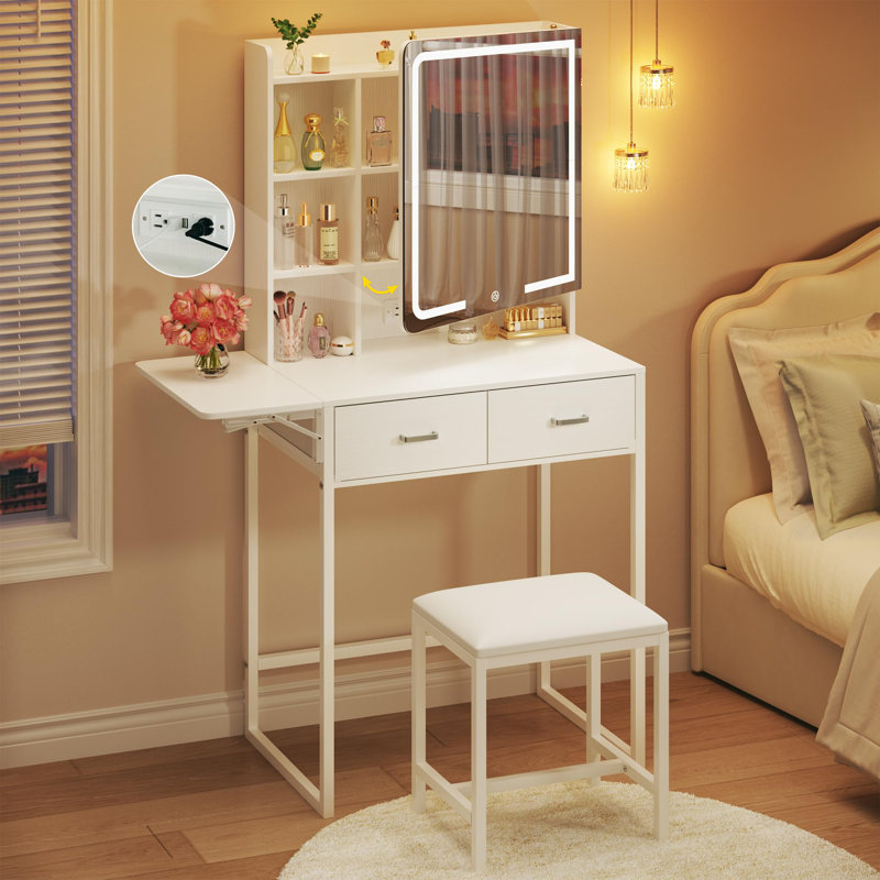 Small Makeup Vanity Desk Fold-up Mirror & Hidden Storage
