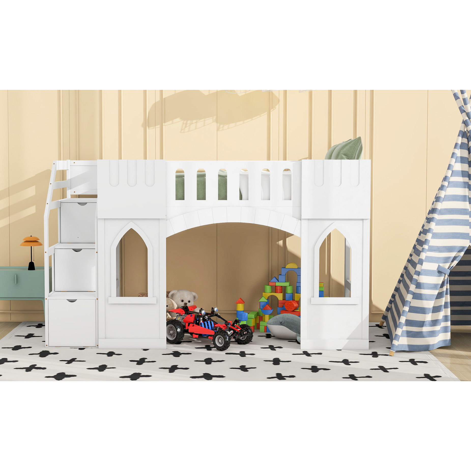 Latitude Run® Pink Twin Size Loft Bed With Storage Staircase And Lovely ...