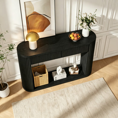 Console ovale cannelée avec 2 tiroirs et tablette inférieure, table d'entrée en bois avec glissières en métal lisse pour le salon, entrée (noir)