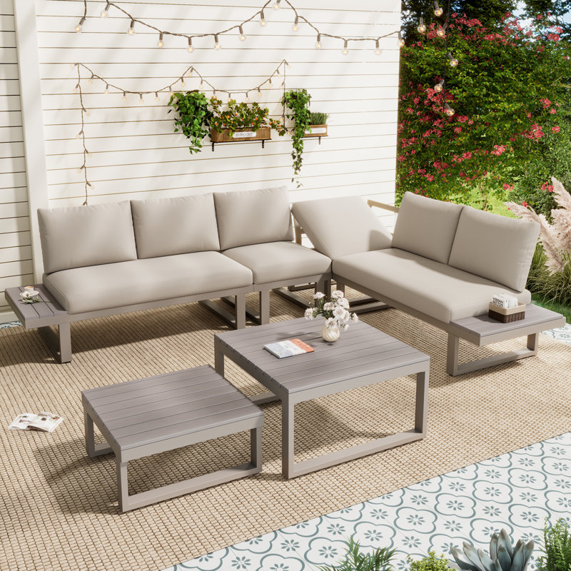 6-Seat Outdoor Corner Sofa Set With 2 Tables - Adjustable Recliner, Galvanized Steel Frame, Modular, khaki