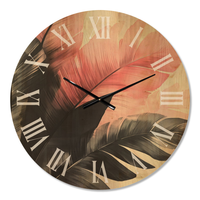 Horloge murale glamour à motif de frondes tropicales roses, imprimée sur bois, Médium