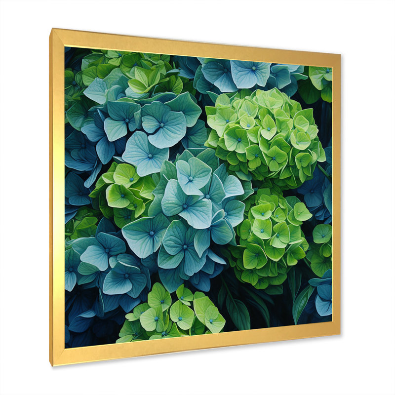 Vert, bleu, hortensia, fleurs d'émeraude - art mural encadré hortensia, H 16 po x l 16 po x P 1 po, Cadre doré simple