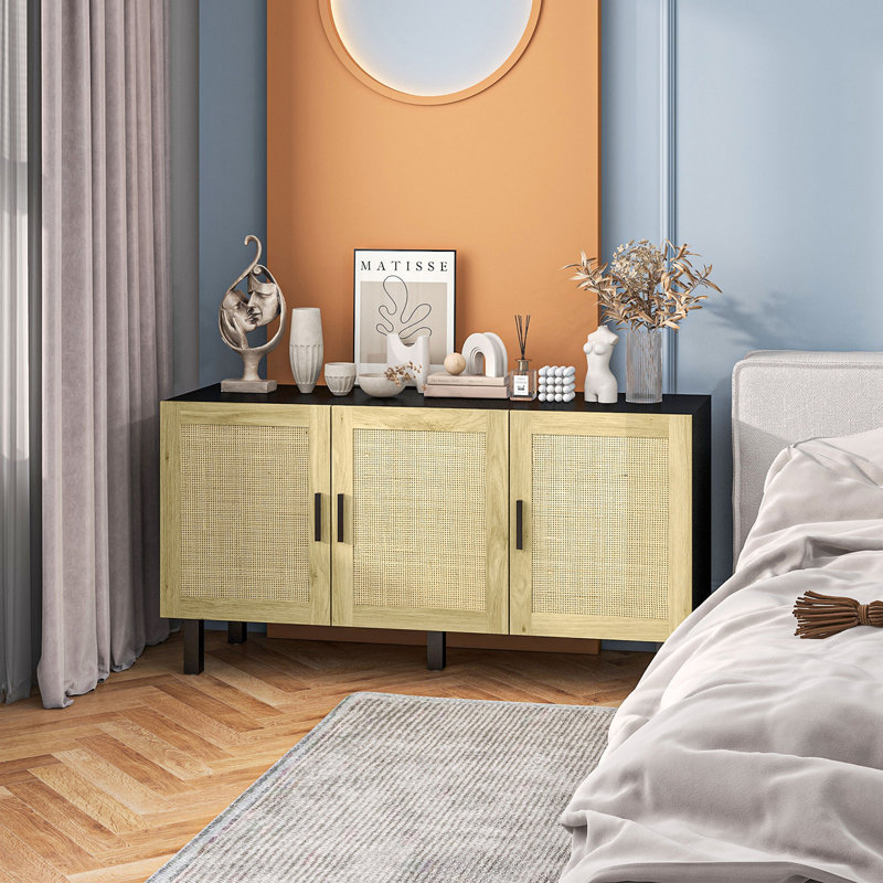 Sideboard Buffet Cabinet, Kitchen Cabinet, Coffee Bar Cabinet With 3 Rattan Doors And Adjustable Shelves, Black/Natural