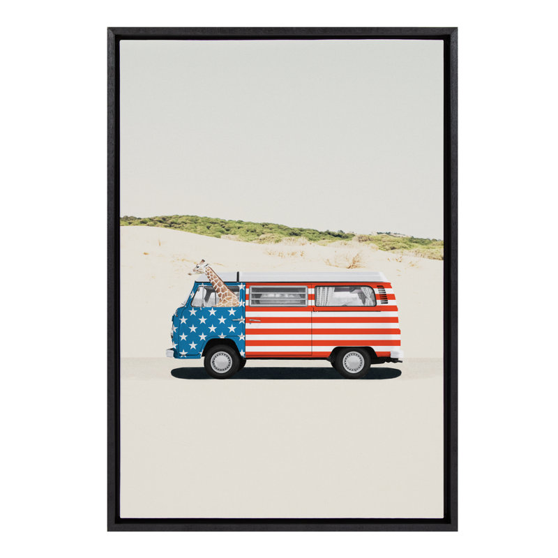 «USA Retro Beach Van» par juillet, reproduction d'art sur toile encadrée, Noir, H 23 po x l 33 po