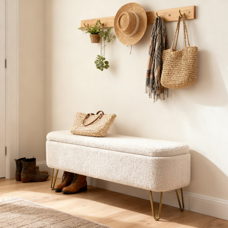 Banc de rangement avec repose-pieds Modern End, Blanc, crème