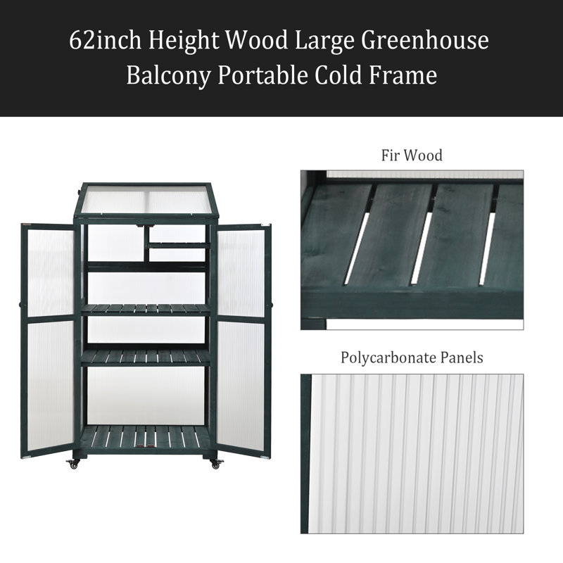 Height Wood Large Greenhouse Balcony Portable Cold Frame With Wheels And Adjustable Shelves For Outdoor Indoor Use, Green