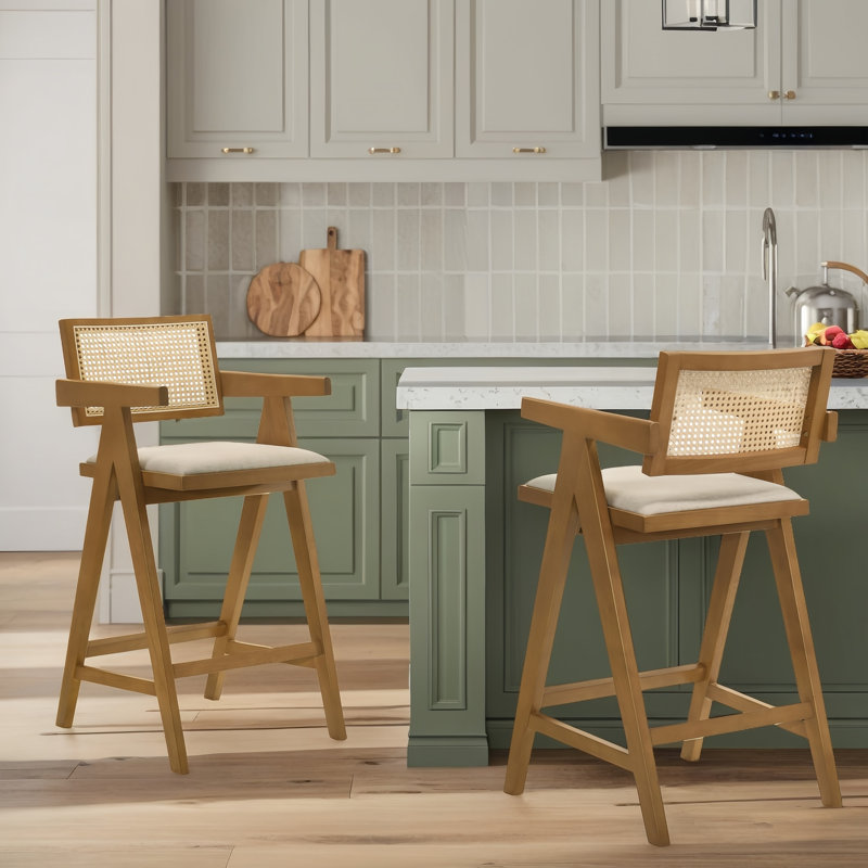 Tabourets de bar Mid-Century en bois avec dossiers en rotin, bois brun, ensemble de 2