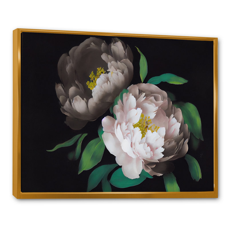 «White Blossoming Peony on Black III», reproduction sur toile, L 32 po x H 16 po, Toile à cadre flottant doré