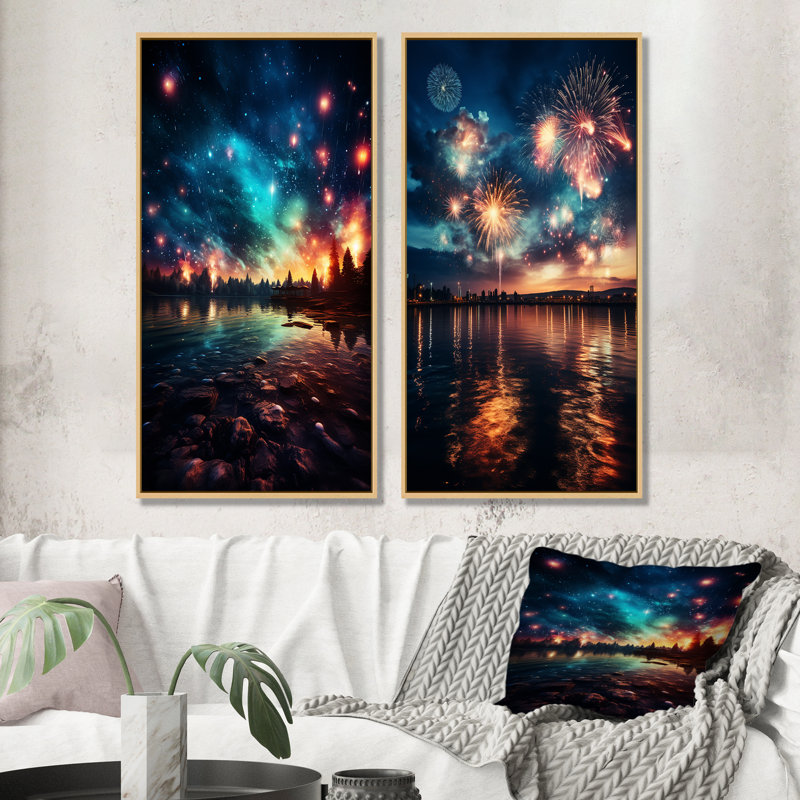 Feu d'artifice vert et rouge au bord du lac II - ensemble de 2 reproductions d'art sur toile, Cadre flottant brun