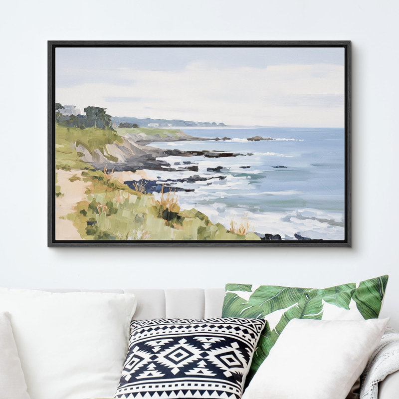 Mer, bord de mer, plage, H 24 po x l 36 po, Cadre flottant noir