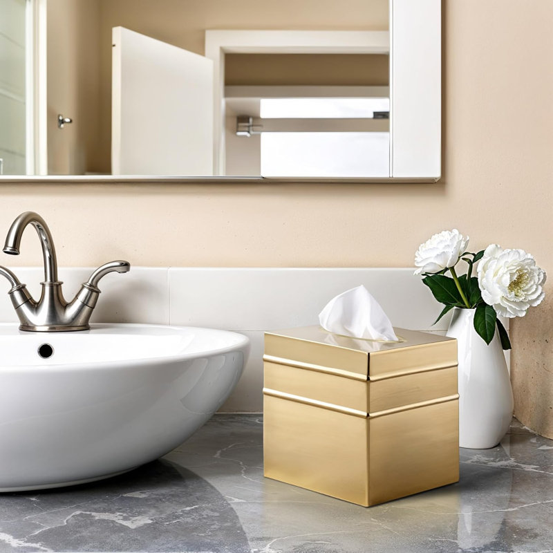 Border Embossed Metal Tissue Box Cover, Brushed Gold