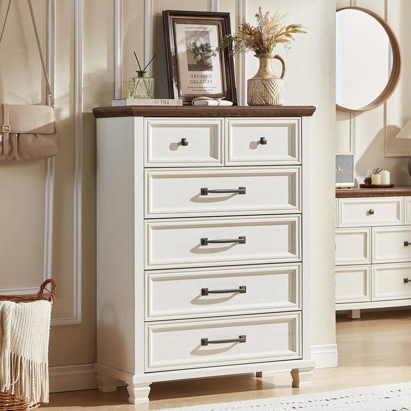 Farmhouse 6 Drawer Dresser for Bedroom, 45 Inch Tall Vintage Wood Chest of Drawers, Rustic Dressers w/Square Wooden Legs, Mid-Century Storage Organizer for Living Room, Hallway (White)