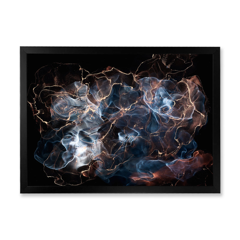 Noir et bleu liquide sur bleu - Peinture sur toile, H 16 po x l 32 po, Cadre photo noir