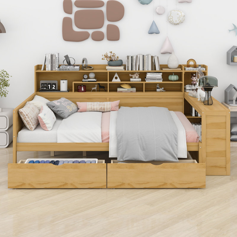 Wooden Daybed With Storage Shelves, Multi-Functional Bed With Two Storage Drawers And Study Desk, Natural