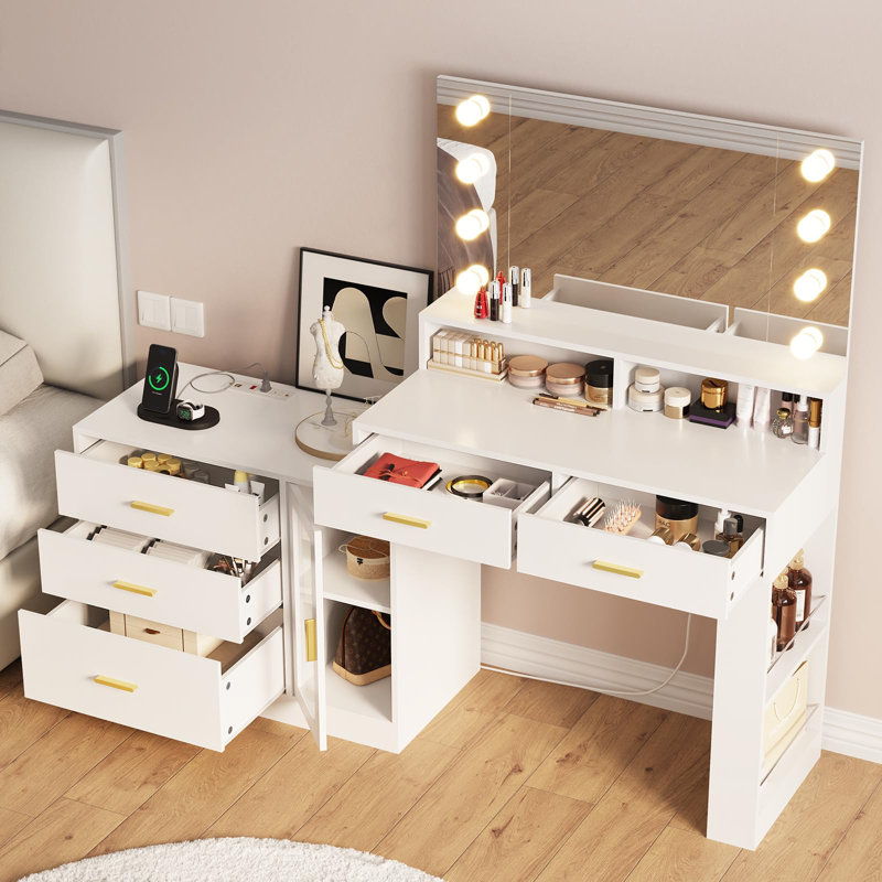 LED Makeup Dressing Table - with 3 Drawers + Dimmable Mirror, Modern Bedroom Vanity Desk, White