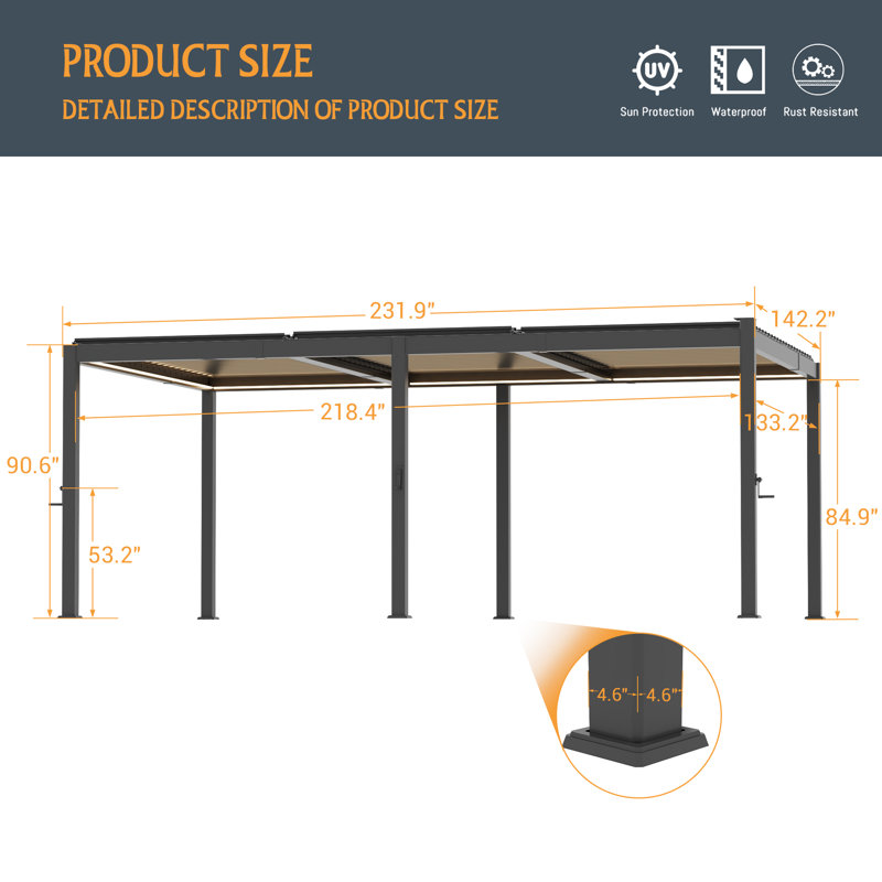 Pergola à auvent solaire en aluminium avec auvent en aluminium, Large abri de garage de 12 x 20 pi