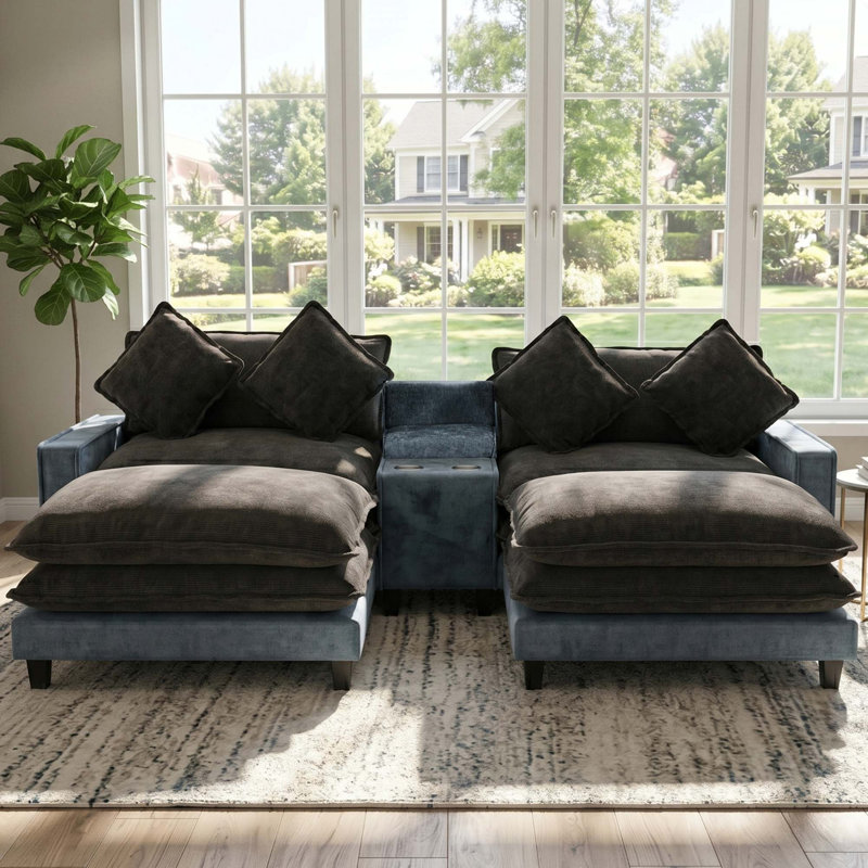 Canapé modulaire en chenille avec repose-pieds amovible et rangement intégré, Gris, chenille bleu clair