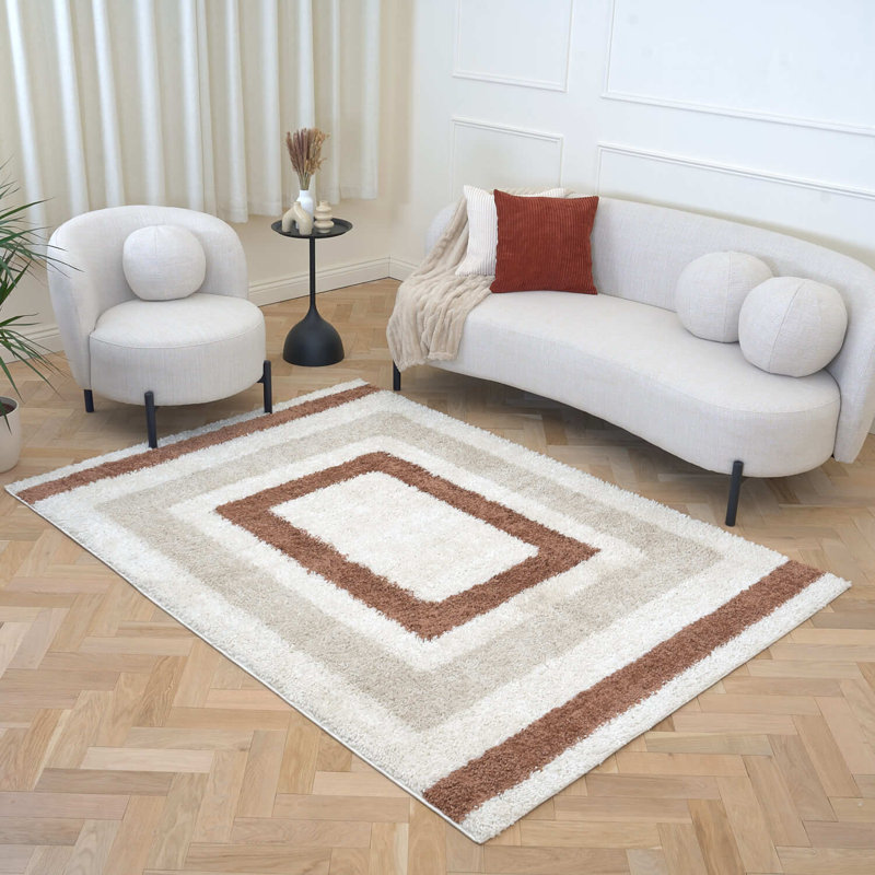 Moodi Modern Shaggy Area Rug Geometric Border Design, Rectangle 80 x 150 cm, Off-White Beige/Terra