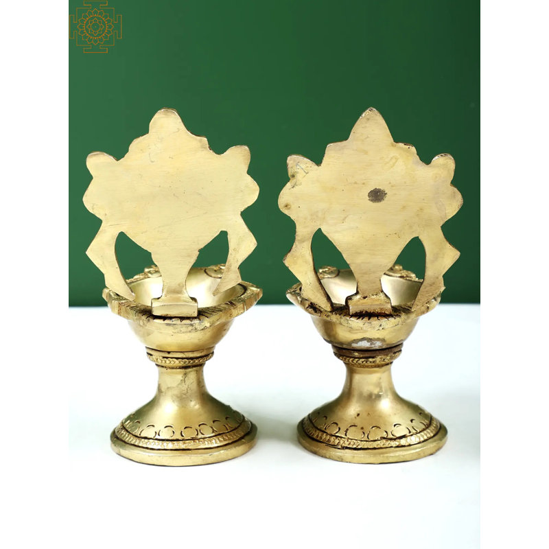 5" Brass Shankh and Chakra Oil Lamp Set – Handcrafted Hindu Ritual Diya Pair (Set of 2)