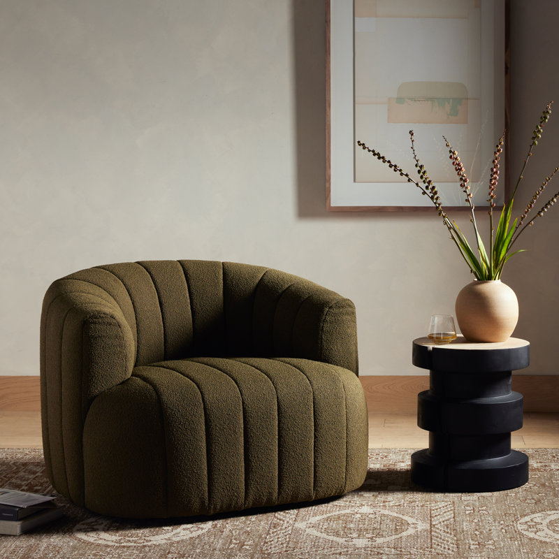 Elliana Swivel Barrel Chair, Olive Green Boucle