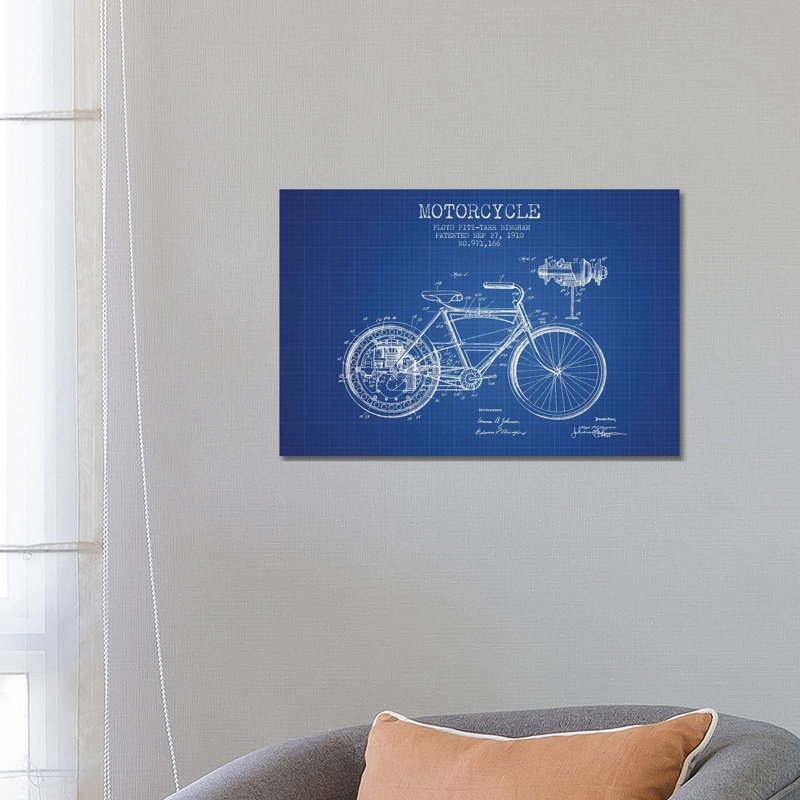 Floyd Bingham Motorcycle Patent Sketch (Blue Grid) by Aged Pixel - Wrapped Canvas Gallery-Wrapped Canvas Giclée