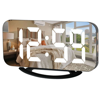 Slim LED Digital Alarm Clock, Mirror Surface for Makeup, with Diming, Large Display, USB Ports