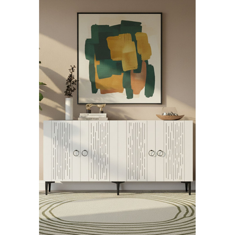 Console moderne blanche de 59,1 po x 29,5 po x 12,6 po | 100% panneau de particules enduit de mélamine, épaisseur: 0,7 pouce | Plusieurs tablettes, fixation murale, conception géométrique | Parfait pour le salon ou le vestibule