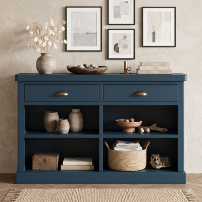 Acacia Wood Farmhouse Console Table with 2 Drawers and Open Shelves for Entryway