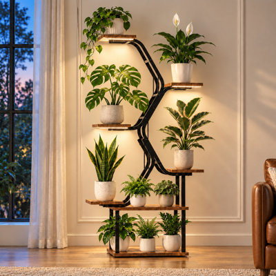Verdena 65" Indoor Plant Stand with Grow Light, 7-Tier Metal Plant Shelf with Double Pipe Frame for Corner Display