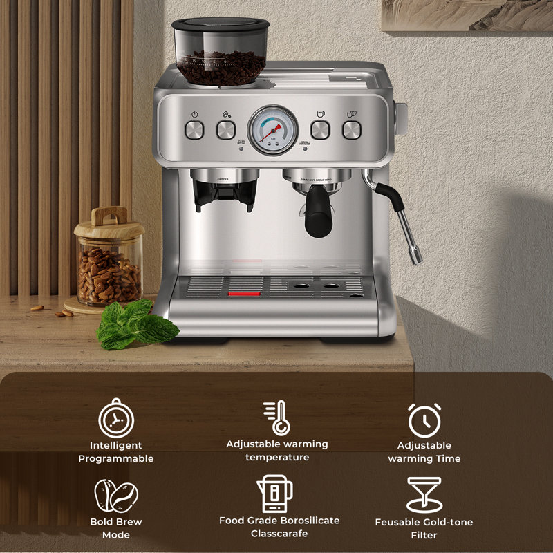 20 Bar Espresso Machine with Grinder & Milk Frother, 75 Oz Stainless Steel Water Tank - Perfect for Cappuccino & Latte