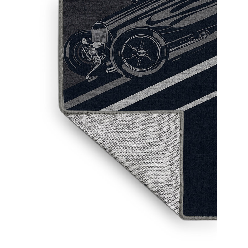 Machine Washable Potts Hot Rod Car Modern Striped Rug in Gray – Gray Binding, 2x3