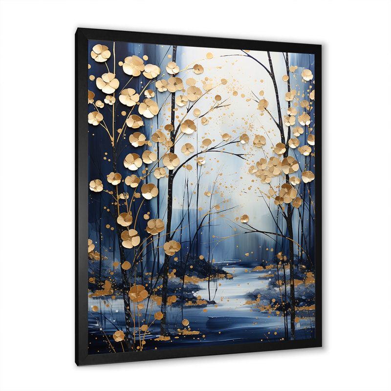 Or et érable bleu forêt d'hiver II - arbre érable, art mural, Cadre simple noir, H 20 po x l 12 po x P 1 po