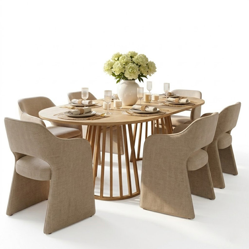 6- Person Dining Table Sets With Extendabe Oval Table & 6 Upholstered Fabric Dining Chairs, Khaki