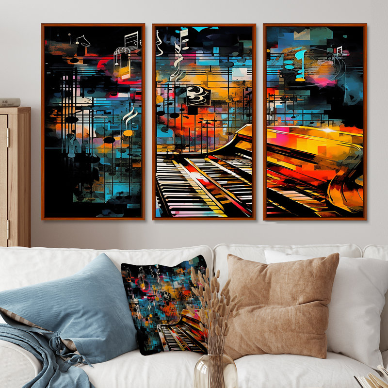 Colourful Piano Retro Collages 90S I - Ensemble de décorations murales piano, Cadre flottant brun, H 40 po x l 60 po x P 1 po