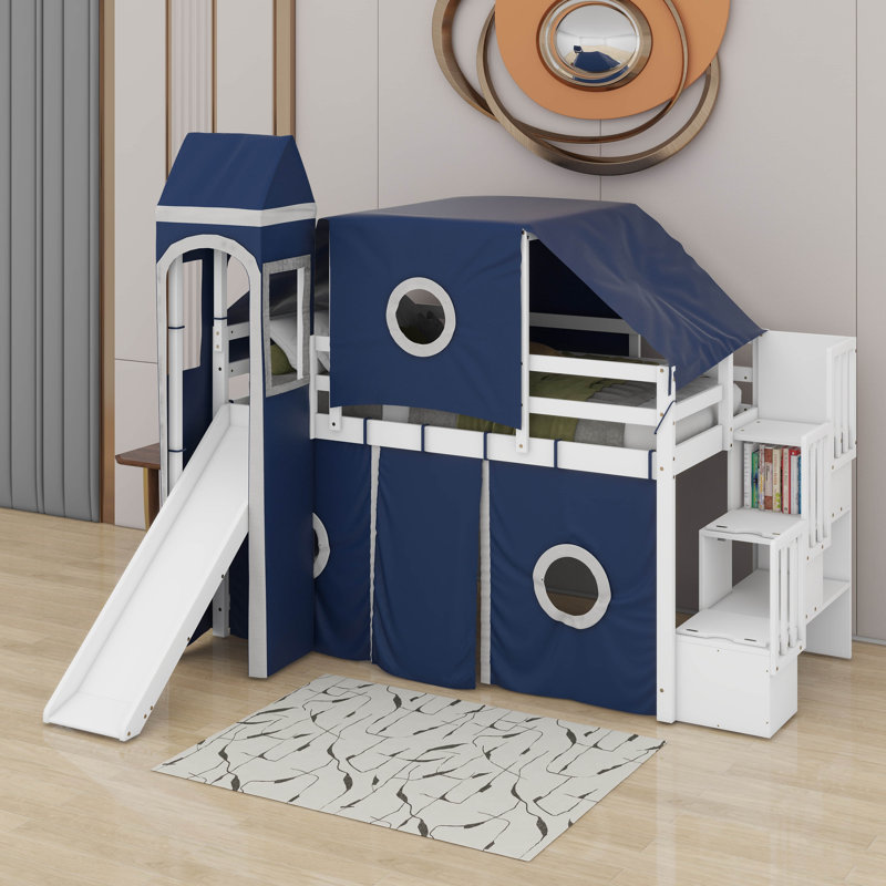 Lit mezzanine simple avec tente et tour, Bleu, Lit simple