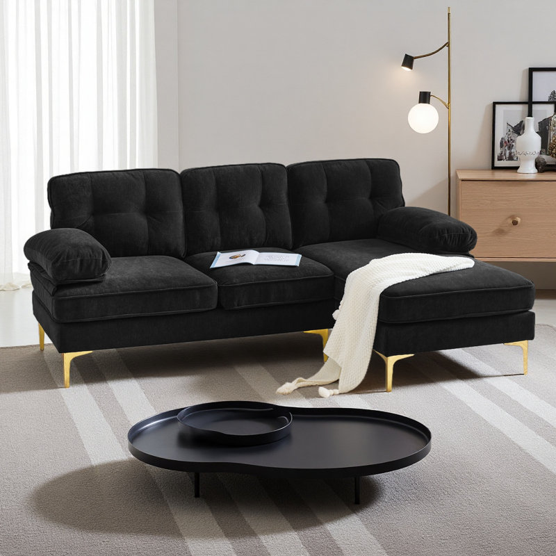 Canapés modulaires modernes en velours de 82,6 po en L pour salon, chambre à coucher, Noir