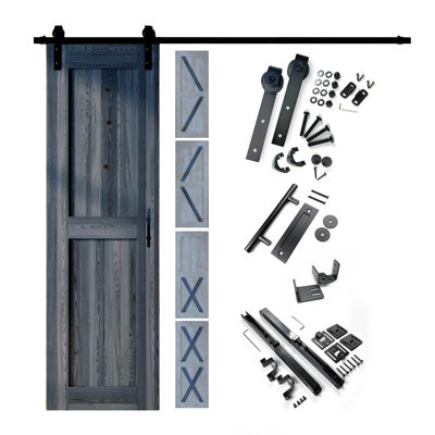 Porte en bois de pin massif 5-en-1 de conception 80 po avec quincaillerie d'installation rustique noire 5 en 1