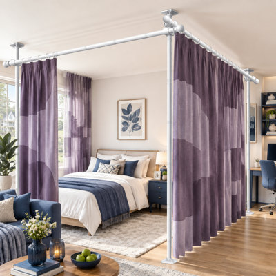 Extra-long white floor-to-ceiling tension curtain rod for large-space privacy, with a no-drill, damage-free setup; heavy-duty design adjusts 3.5-11ft(H) x 42-233"(W) for stability.